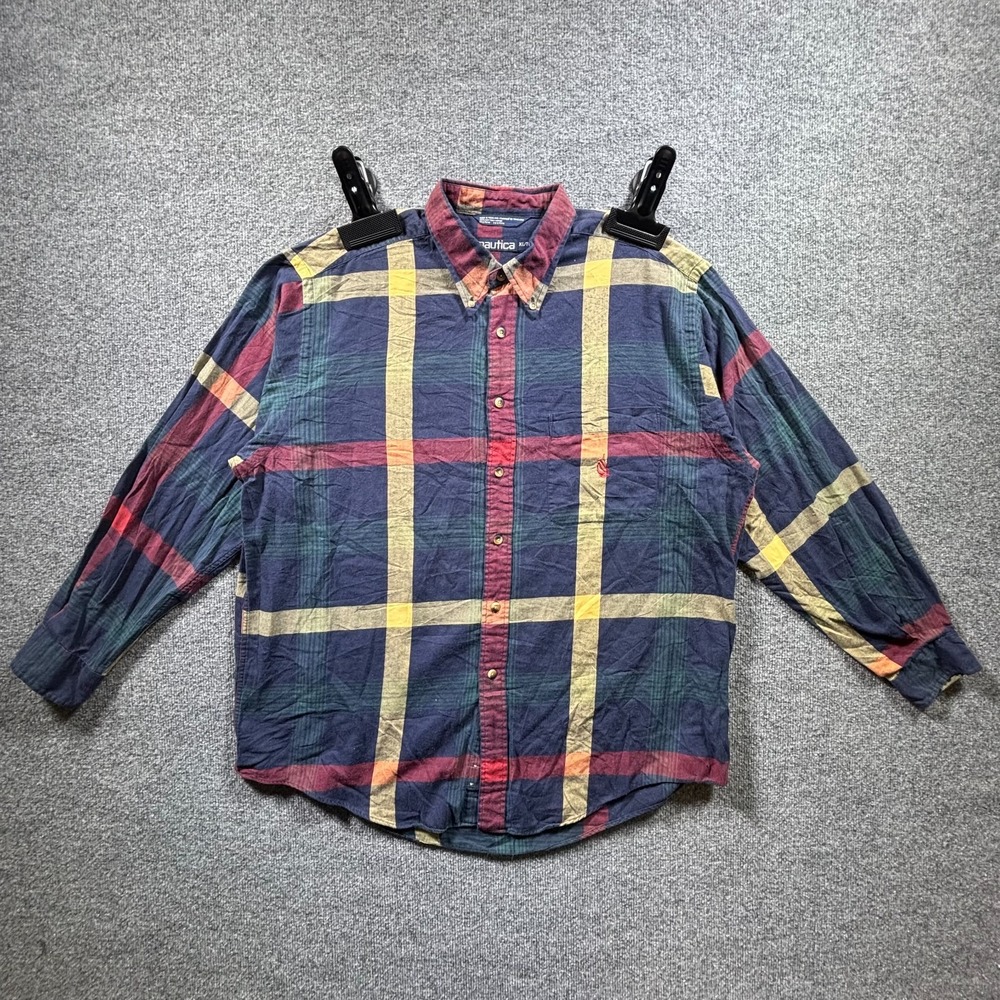 Vintage Nautica Shirt Mens XL Multicolor Plaid Button Front Oversized Preppy